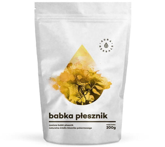 Flohsamen von AURA HERBALS, 200g, Nahaufnahme der braunen Samen in einer transparenten Verpackung