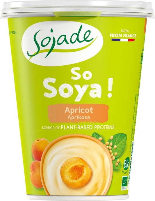 Glutenfreies Soja-Aprikosen-Produkt von SOJADE, Bio, 400 g, zeigt die Verpackung mit Zutaten und Logo auf weißem Hintergrund