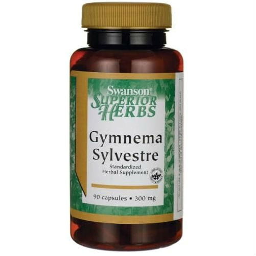 Swanson Gurmar Gymnema Sylvestre Extrakt 300mg in 90 Kapseln, Nahaufnahme der Kapseln und Verpackung