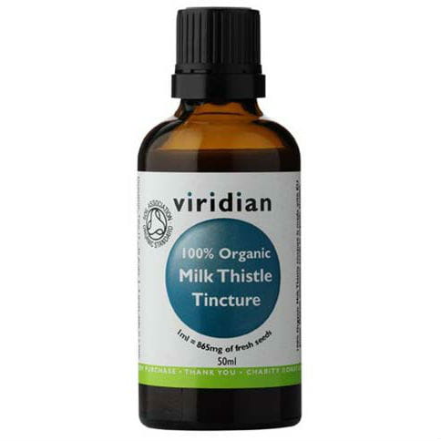 Bio Mariendistel Tinktur von VIRIDIAN in 50ml Flasche, zeigt die dunkelbraune Tinktur in einer Glasflasche mit Etikett.