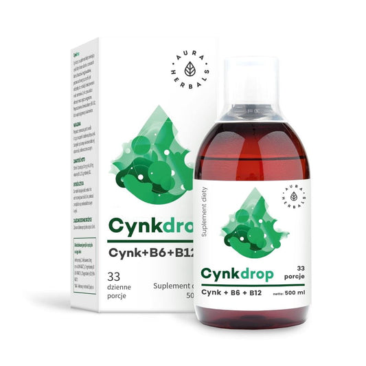Zinktropfen von AURA HERBALS, 500ml Flasche mit Zink, B6 und B12, Nahaufnahme der Produktflasche vor weißem Hintergrund