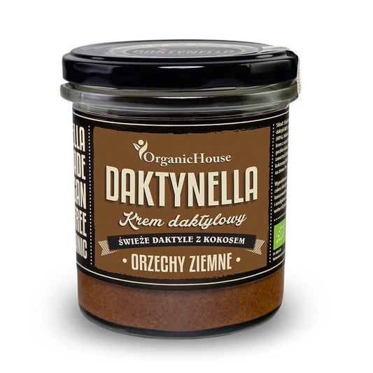 Bio Daktynella Erdnuss Dattel Creme von ORGANICHOUSE in 280 g Glas, cremige Nuss-Dattel-Aufstrich auf dem Teller