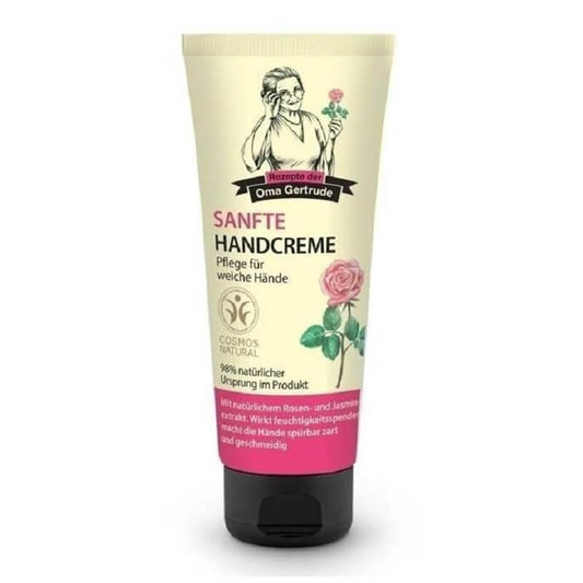 Handcreme von OMA GERTRUDE, 75 ml, cremige Pflege für trockene Hände, zeigt die offene Dose mit der weißen Handcreme.