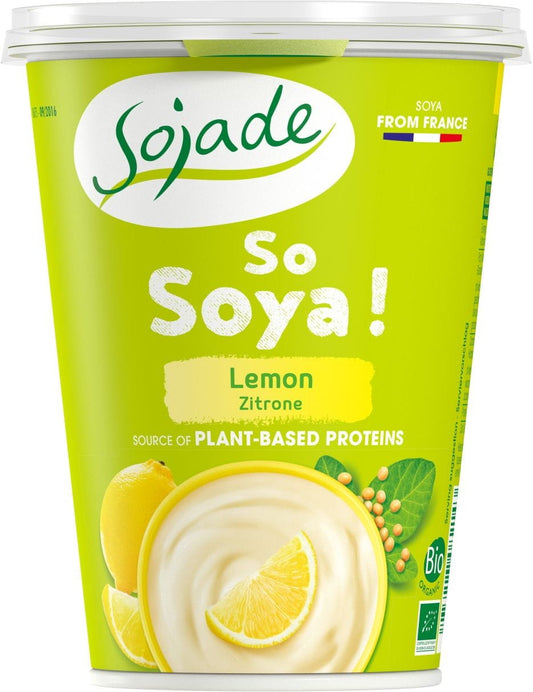 Glutenfreies Zitronen-Sojaprodukt von SOJADE, BIO, 400 g, zeigt eine Packung mit Zitronen-Soja-Produkt auf weißem Hintergrund