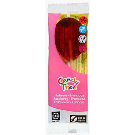 Glutenfreie Himbeergeschmack Lutscher von CANDY TREE, BIO, 13 g, weich und fruchtig, auf einem weißen Hintergrund.