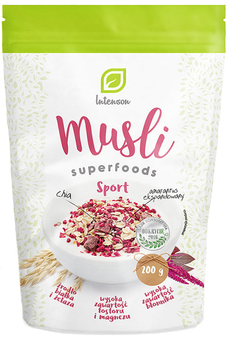 Hafermüsli + Sport von INTENSON EUROPE, 200g Packung, zeigt eine Schüssel mit Hafermüsli und frischen Früchten.