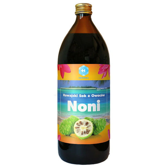 Hawaiianischer Noni-Fruchtsaft von Hepatica, 100% Bio, 946ml Flasche mit Noni-Früchten und grünen Blättern, heilende Wirkung