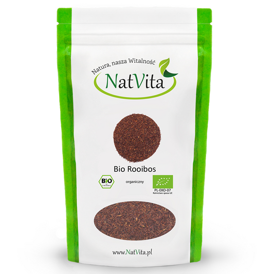 BIO Rotbuschtee von NATVITA in 70 g Verpackung, roter Rooibostee in losem Tee, mit rotem, getrocknetem Rooibos.