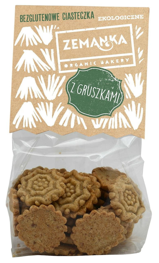 Glutenfreie Birnenkekse BIO von ZEMANKA, 100 g, mit fruchtigen Birnenscheiben und knuspriger Keksstruktur auf einem Teller