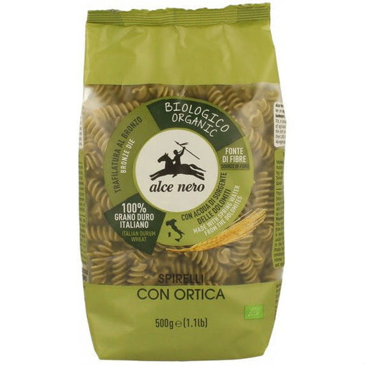 Bio Spirelli Pasta mit Grieß und Brennnesseln von ALCE NERO, 500 g, trockene Pasta in einer Packung.