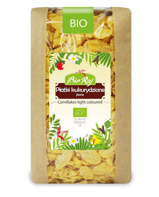 Helle Cornflakes BIO von BIO RAJ, 200 g, knusprige Frühstückscornflakes in einer Schüssel.
