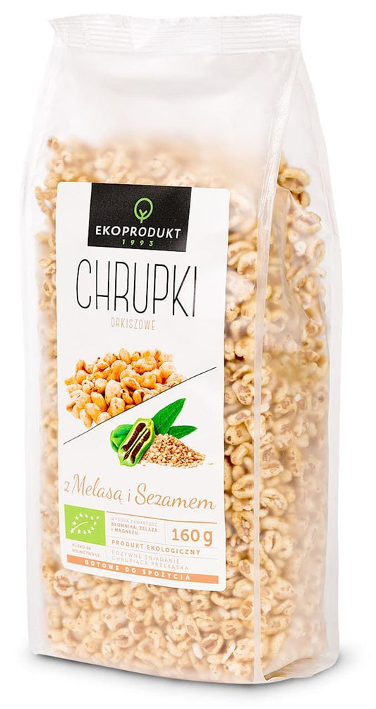 Bio Dinkelchips mit Sesam von EKOPRODUKT, knusprige gesunde Snacks in 160 g Packung, mit Sesam bestreut, auf weißem Hintergrund