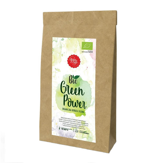 Bio Powertee von QUBA CAFFE, grünes T-Shirt aus nachhaltigem Material, zeigt das stilvolle Design auf weißem Hintergrund.