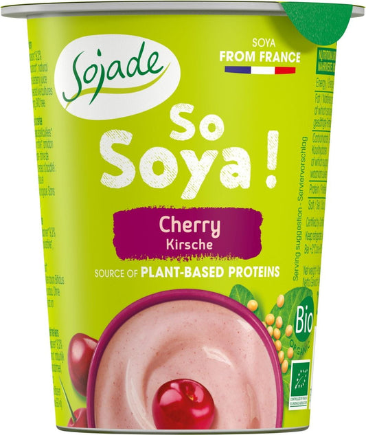 Glutenfreies Kirsch-Sojaprodukt BIO von SOJADE, 125 g, zeigt die Verpackung mit Kirschen und Sojaprotein.