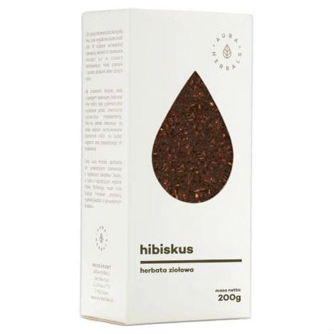 Hibiskus-Kräutertee von AURA HERBALS, lose 200g Packung mit getrockneten Hibiskusblüten und Kräutern auf weißem Hintergrund