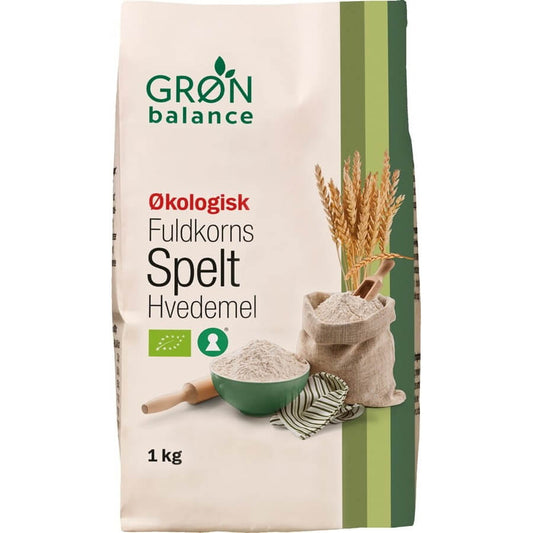Vollkorn-Dinkelmehl BIO von GRON BALANCE, 1 kg, in einer Verpackung, zeigt das braune Mehl in einer weißen Schüssel.