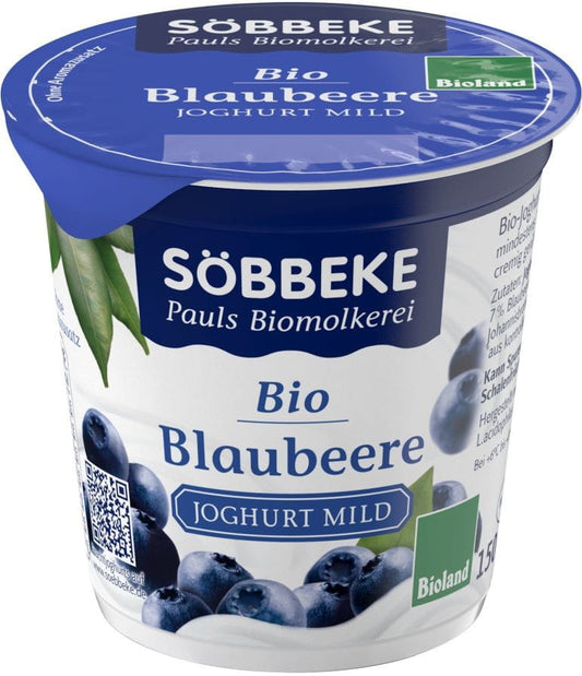 Bio-Heidelbeerjoghurt von SOBBEKE in 150 g Becher mit frischen Heidelbeeren und cremiger Joghurttextur.