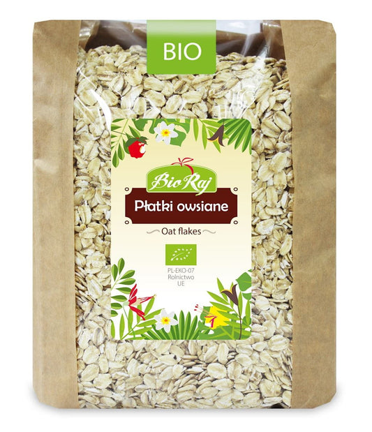 Bio Haferflocken 1 kg von BIO RAJ, ungeöffnete Packung mit Haferflocken für Frühstück und Backen.