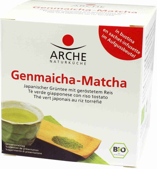 Genmaicha Tee, Instant Matcha BIO, 10 x 15 g, ARCHE, in einer Packung mit grünen Tee und geröstetem Reiskorn.