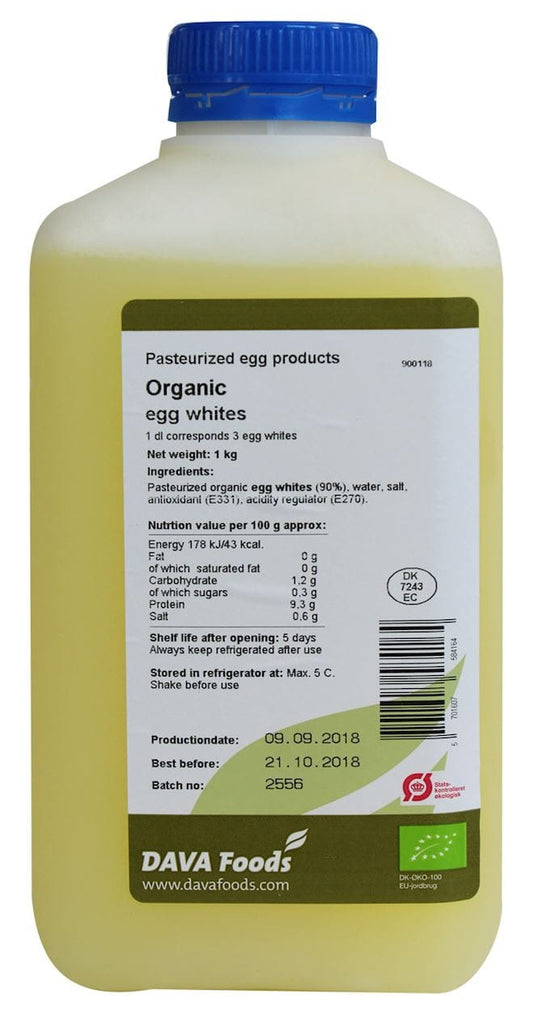 Flüssiges Bio-Eiweiß von DAVA FOODS in 1 kg Flasche, cremige Textur und biologisch zertifiziert, für Koch- und Backrezepte
