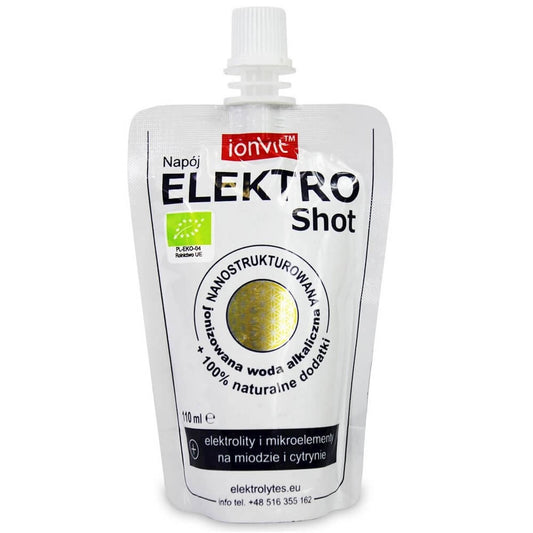 Bio Elektro-Shot-Getränk WODA REDOX IONVIT, 110 ml Flasche mit grünem Etikett und natürlicher Inhaltsstoffoptik