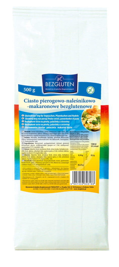 Glutenfreier Pfannkuchen-Nudelknödel-Teig von BEZGLUTEN in 500 g Packung, zeigt die glutenfreie Verpackung und Teigmasse.